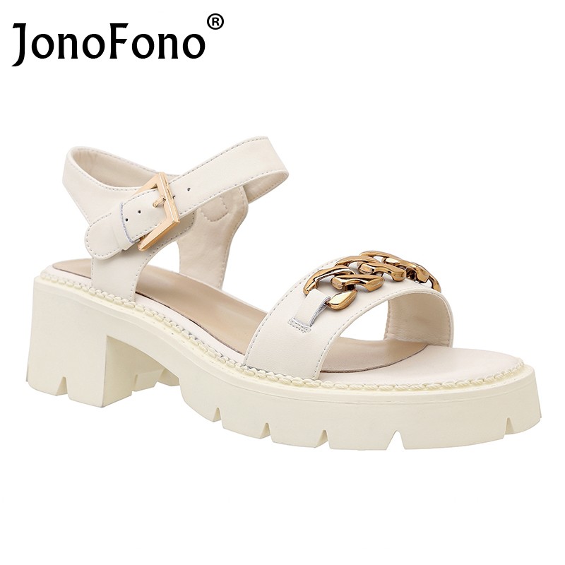 JOVONO Size 33-40 Women Sandals Genuine Leather Metal Chain Summer Shoes For Women Fashion Chunky Ins Daily Shoes Footwear