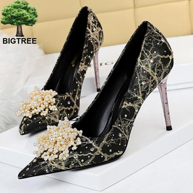 BIGTREE Pearl Floral Shoes Woman Pumps Rhinestone High Heels 2022 New Luxury Women's Heels Stiletto Plus Size Ladies Pumps