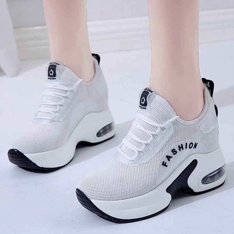 Lucifer 2022 Spring Breathable Mesh Casual Women Sneakers Lace Up Height Increasing Shoes Woman Air Cushion Wedges Female Shoes