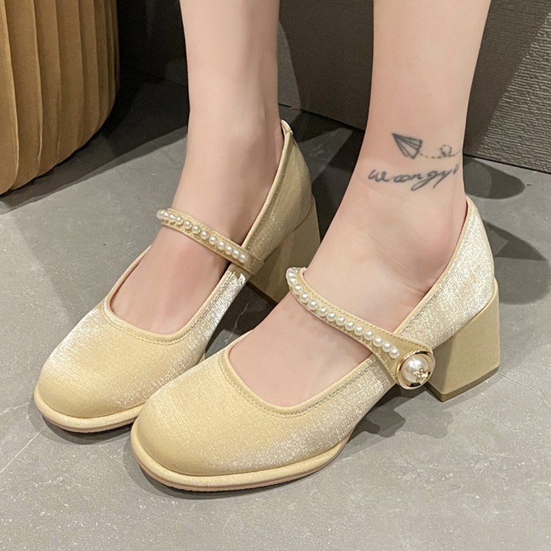 Lucifer Elegant Women Ankle Strap Shoes 2022 Spring Silk Thick Heel Round Toe Party Wedding Shoes