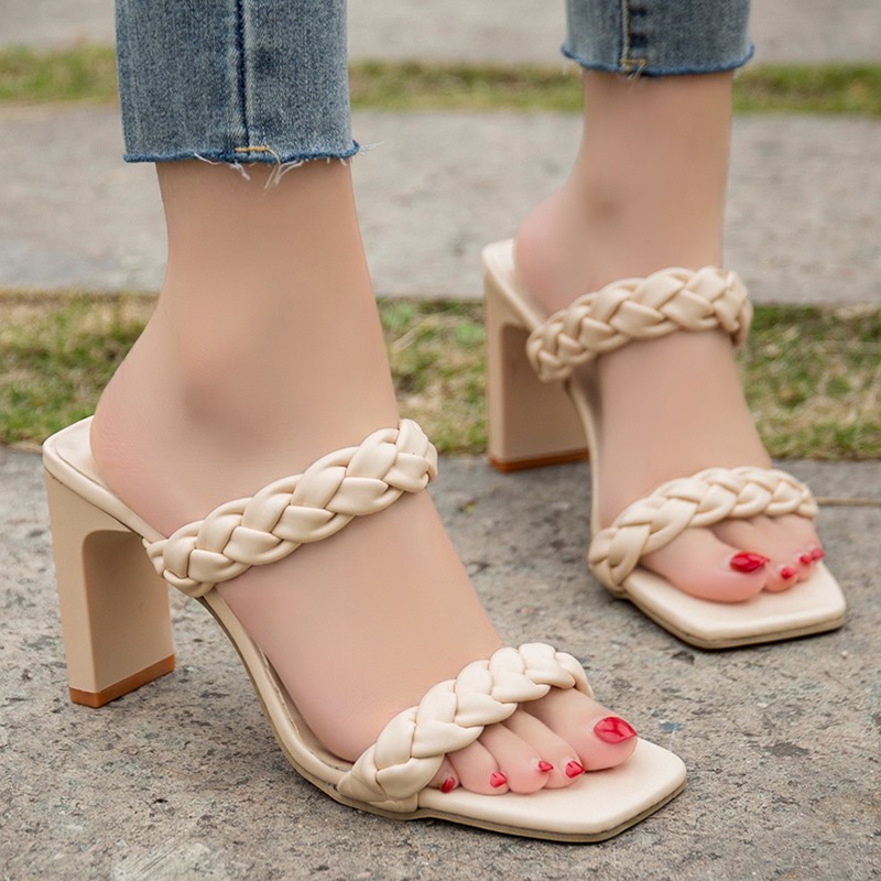 Lucifer Women High Heels Knit Sandals 2022 Summer Square Heel Thicken Heels Outdoor Beach Sandals Plus Size 43