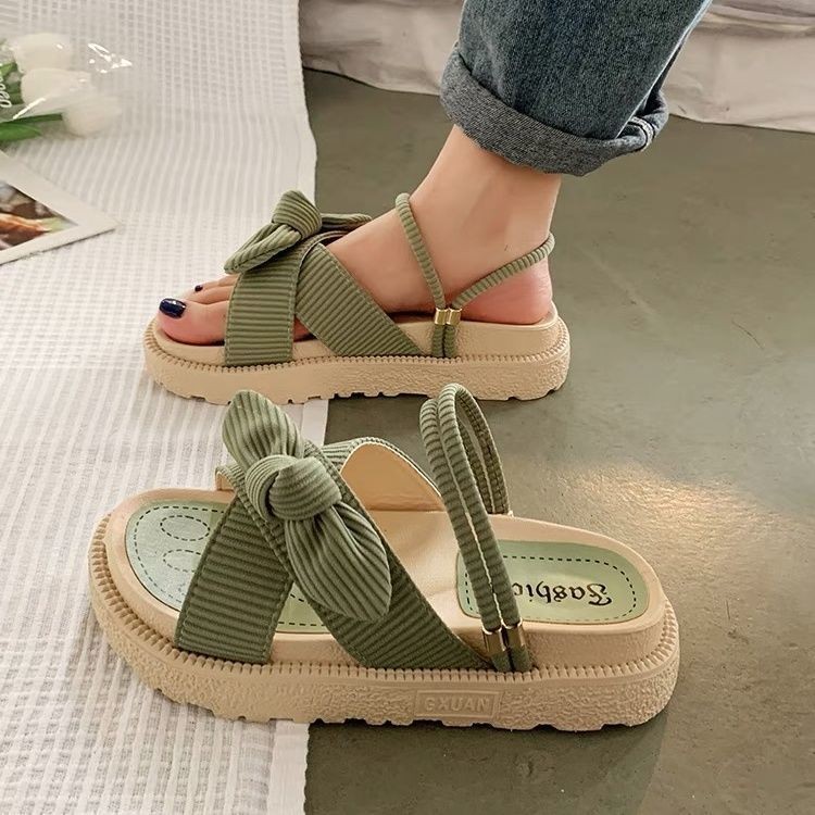 2021 new lady sandals summer fairy style fashion student thick-soled roman flat shoes indoor slippers slides butterfly knot