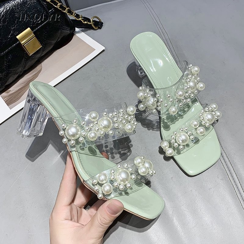 2022 New Women Transparent PVC Beaded Shoes Slippers Open Toe Female Beach Perspex Heels Crystal Shoes Female Shoes