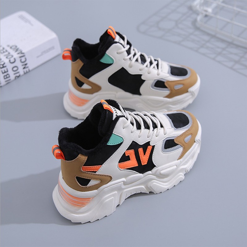 2021 autumn trendy thick-soled high-top white shoes female Korean student running casual flat-sole shoes female color matching