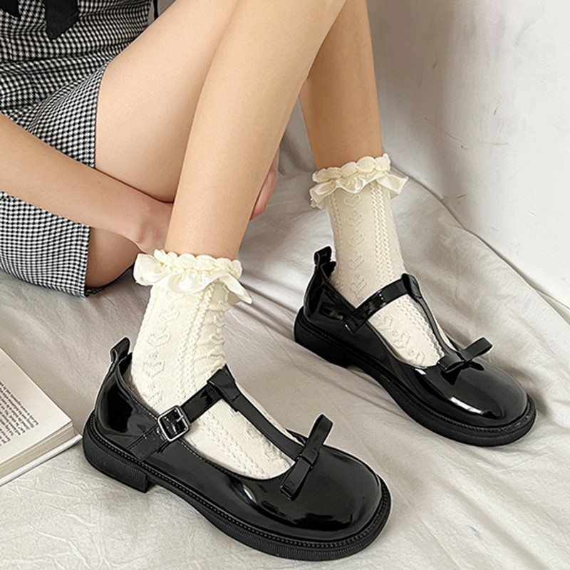 Lucifer 2022 Spring Bow T Strap Mary Jane Shoes Women Round Toe Patent Leather Flats Woman Black Ankle Buckle Casual Shoes