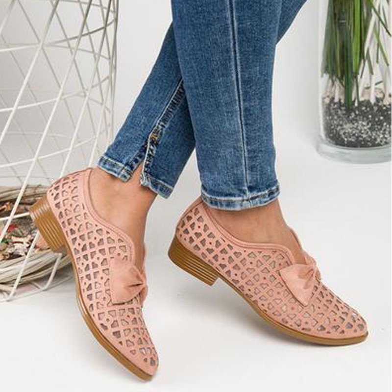 2021 summer fashion pointed toe shoes ladies flat shoes ladies large size hollow breathable bow thick heel sandals