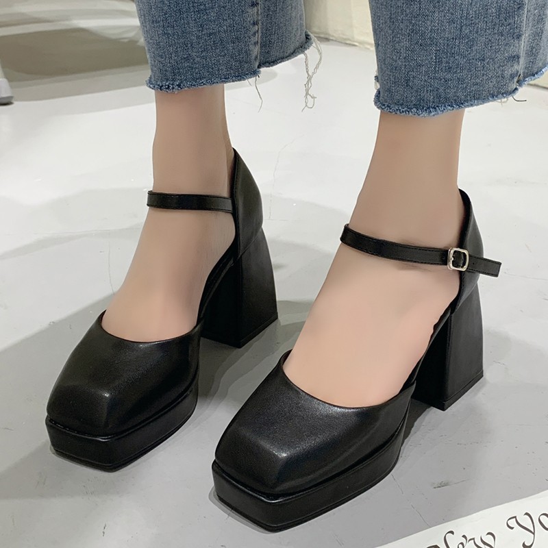 Lucifer 2022 Women Platform Platform Ankle Strap Shoes Women Square Heel Faux Leather Shoes Mary Jane Thick High Heels Women Shoes