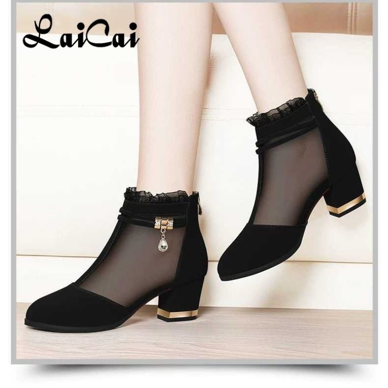 Woman Mesh Gauze Light Heels Chunky Heels Pants Female Shoes Fash Breathable Shoes New Black Single Shoes Shoes Sandals