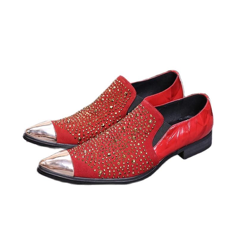 Spring summer fashion loafers rhinestones casual shoes men pointed toe slip on real leather shoes nightclub bar party shoes