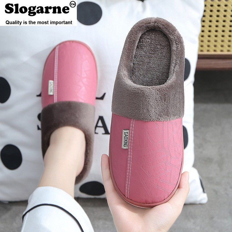 Couples Women Men Winter Slippers Home Cotton Shoes For Lovers Men Indoor Slippers Plush Warm Indoor PU Leather Waterproof Unisex