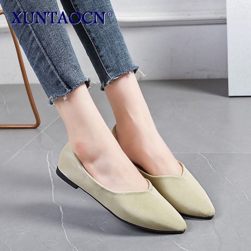 Spring Women Flats Black Pointed Toe Ballet Flats Shallow Boat Shoes Woman Flock Casual Shoes Female Loafers Apricot Pink