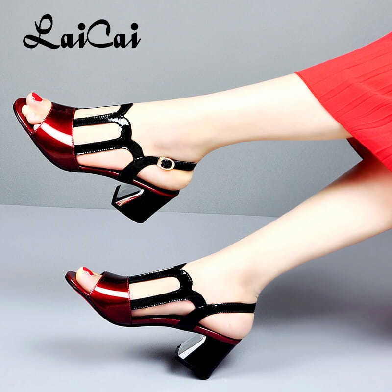 Soft leather sandals comfortable women's shoes ins chunky mid heel women summer new all-match peep toe woman sandal