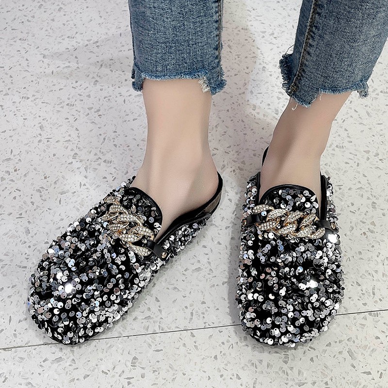 Fashion shoes women sequins metal chain slippers outdoor platform golden sandals 2022 new casual slip on lazy 43 size women shoes