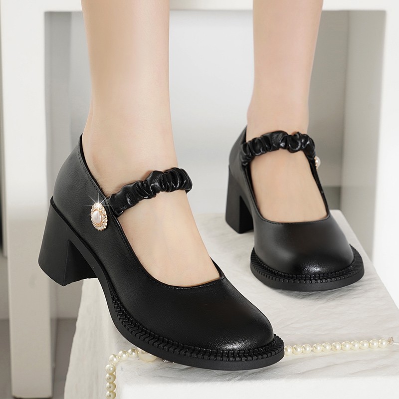 Rimocy Vintage Thick High Heel Mary Jane Shoes For Women Soft Elastic Strap Pumps Woman Solid Color PU Leather Office Shoes