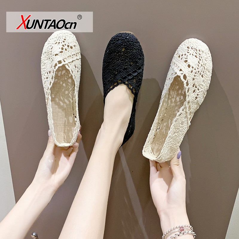 New Fashion Canvas Shoes Women Solid Platform Wedge Casual Loafer Flats Hollow Breathable Women Flat Shoes