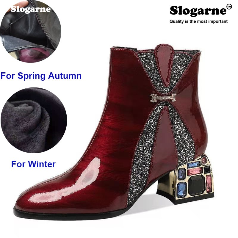 Women's shoes modern diamond high heels spring autumn patent leather waterproof female short ankle boots winter shoes party pump