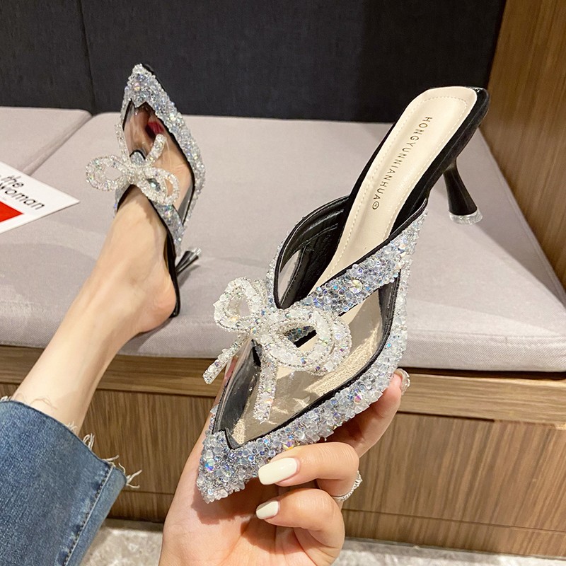 Rimocy Luxury Crystal Bowknot Slippers Women 2022 Summer Sexy Pointed Toe Thin High Heels Sandals Woman Rhinestone Party Shoes