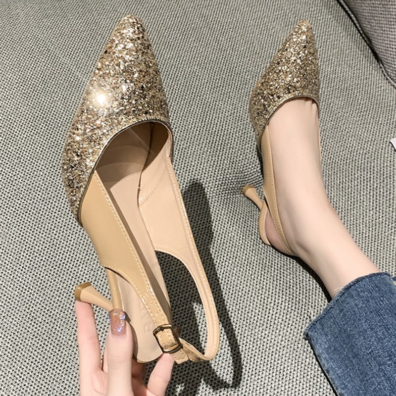 2022 Lucifer Women Gold Silver Sequins Stiletto High Heel Wedding Party Shoes Women Pointed Toe Slippers Mujer Mujer Mujer