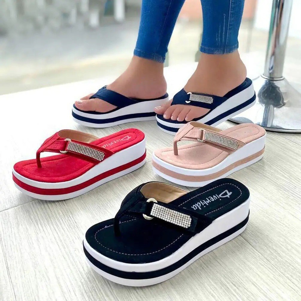 Plus size women's shoes 2021 rhinestone sponge platform sandals wedge slippers summer flip flops women flat beach slippers