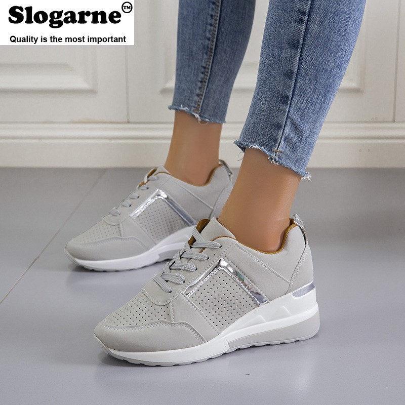 Women's Spring Autumn Thick Sole Sneakers Wedges Women Sneakers Leather Mesh Platform Casual Shoes Europe America Plus Size