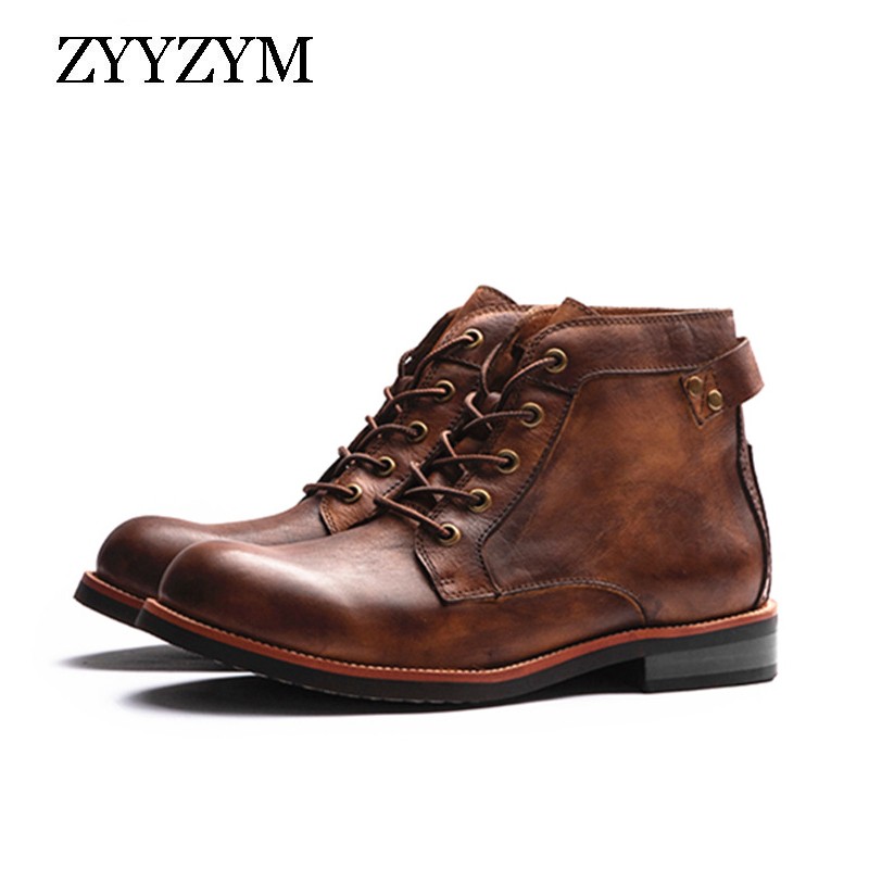 ZYYZYM Men Boots American Casual Wear Mens Chelsea Boots Leather Vintage Style High Top Ankle Boots For Men Big Size EUR38-48