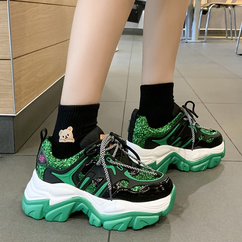 Rimocy Spring Sneakers For Women Glitter Green Glitter Thick Sole Sneakers Women 2022 Zapatillas Mujer Sneakers