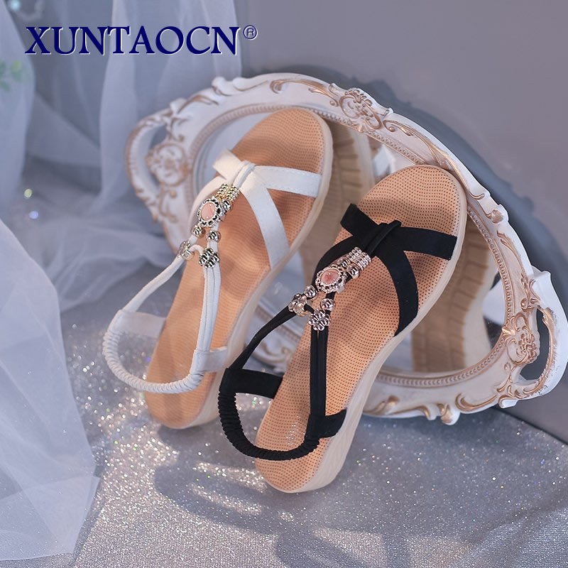 Summer Ladies Gladiator Roman Soft Comfortable Ankle Strap Wedges Sandals Women Beaded Open Toe Elastic Strap Low Heels Shoes