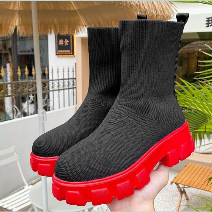 2021 Autumn Winter New Plus Size 43 Socks Boots Knitted Round Toe Short Boots Fashion Platform Woman Ankle Boot Mesh Breathable