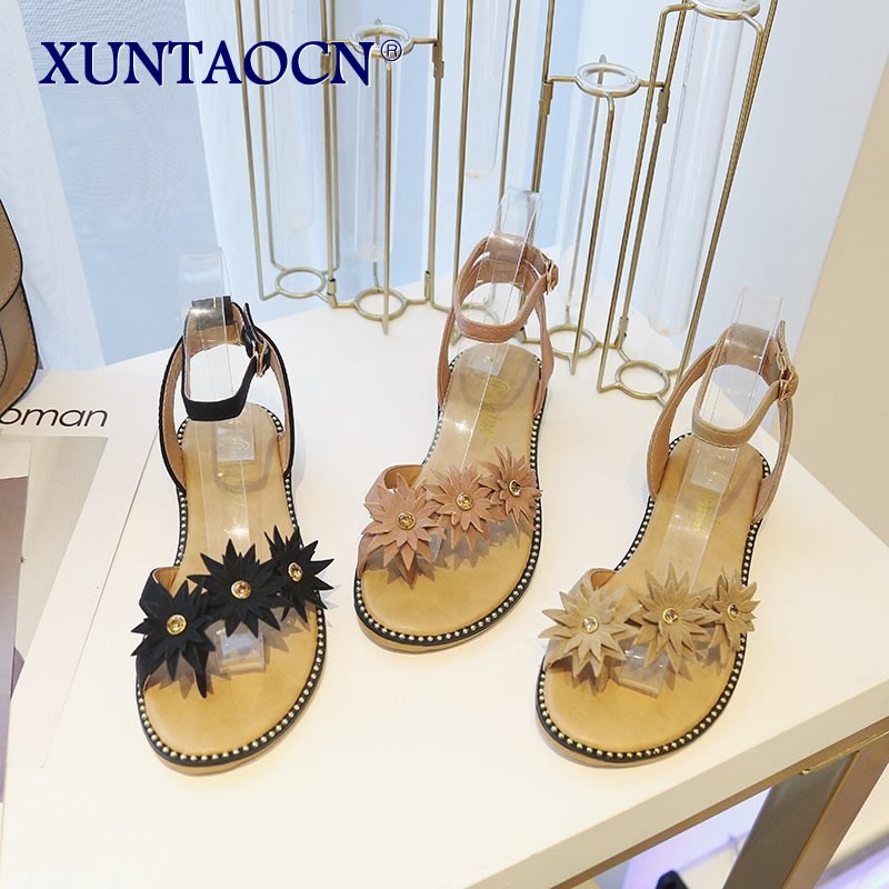 Summer Women Open Toe Sandals 2021 Fashion Bohemian Rhinestones Sandals Black Ankle Strap Women Sandals