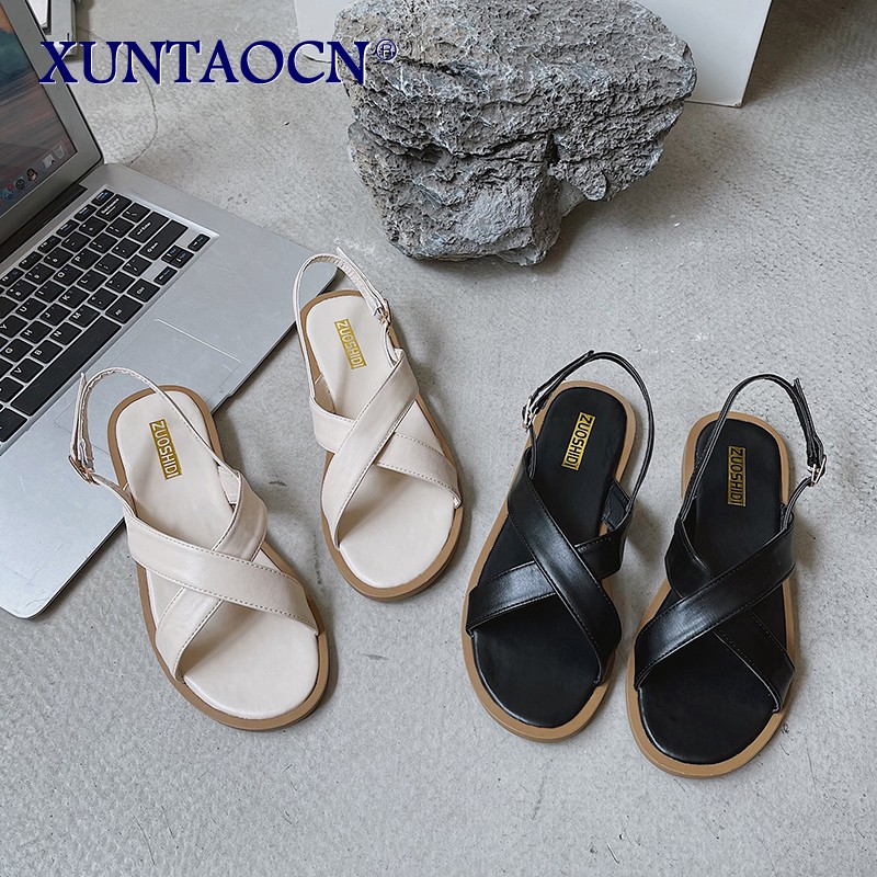 2021 Summer Women Classic Back Flight Strap Platform Rome Sandals Ladies Daily Peep Toe Beige Leather Flat Shoes Size 35-40