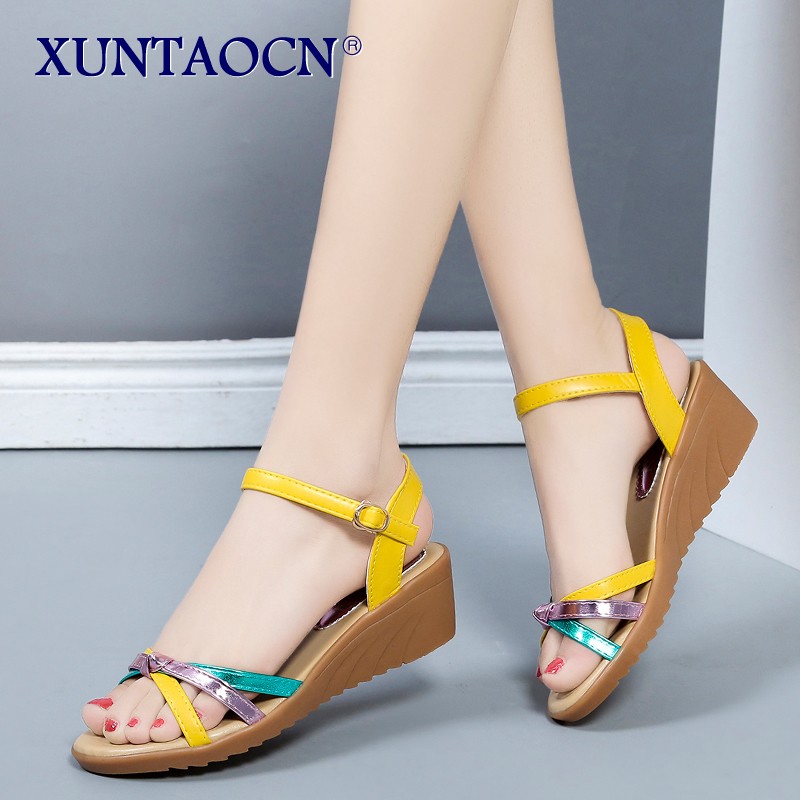 2021 wet summer elegant dress ladies high heel shoes women yellow peep toe ankle strap wedges sandals party size 35-40