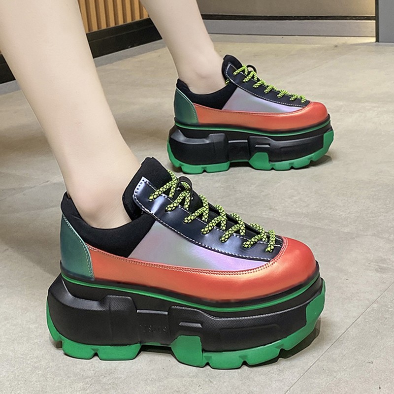 Lucifer Mixed Color Chunky Sneakers Women Shoes 2022 Lace Up Platform Shoes Woman Reflective Thick Bottom Vulcanize Mujer Shoes