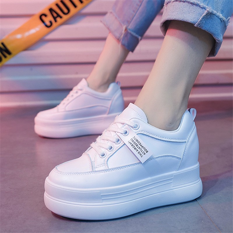 Women Breathable Sneakers Increase Platform Shoes 8cm Casual Shoes Leisure Leather White Shoes Women Vulcanize Shoes 2022