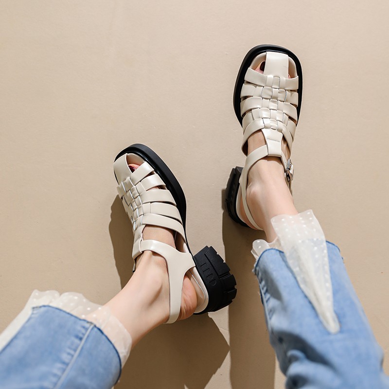 2022 summer women shoes round toe low heel shoes women solid women sandals casual cow leather shoes for women roman black shoes