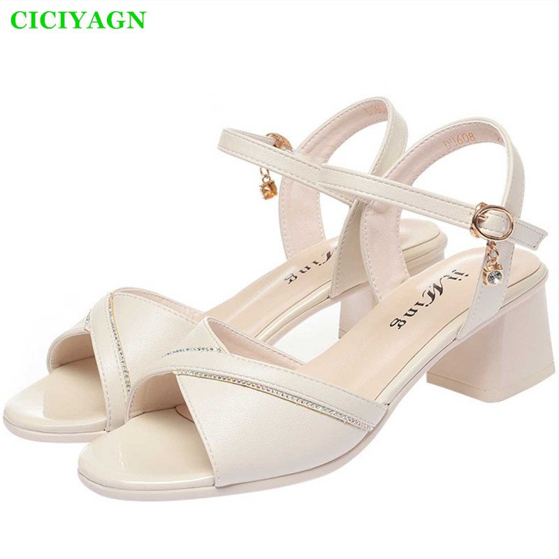 CICIYANG Women's Sandals 2022 Summer New Ladies High Heel Sandals Soft Leather Chunky Heel Sandals Fashion Shoes Black Beige