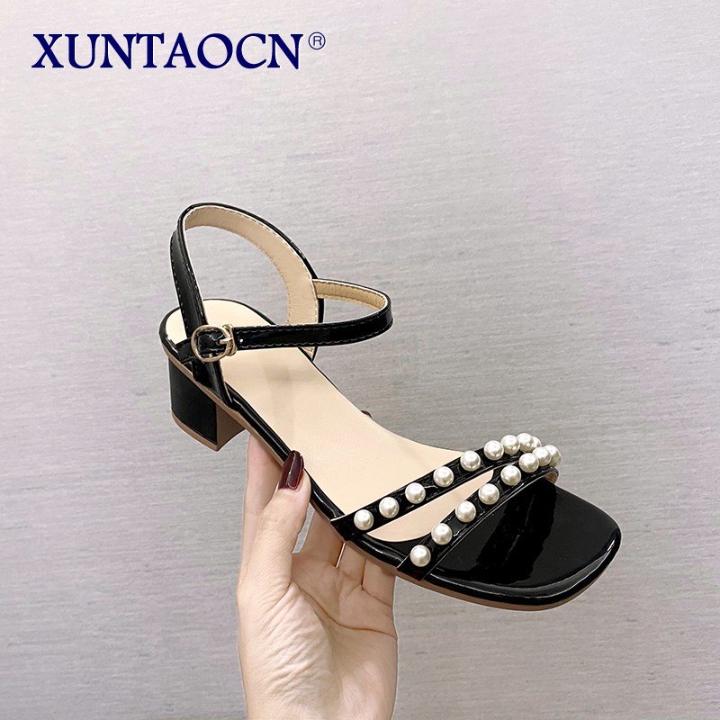 women sandals 2021 summer new korean women square head rhinestone women's shoes fairy style thick heel buckle sandals women