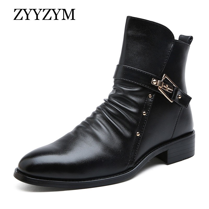 ZYYZYM-Men's Zipper Leather Boots Warm Plush Boots Autumn Winter 2020 Collection