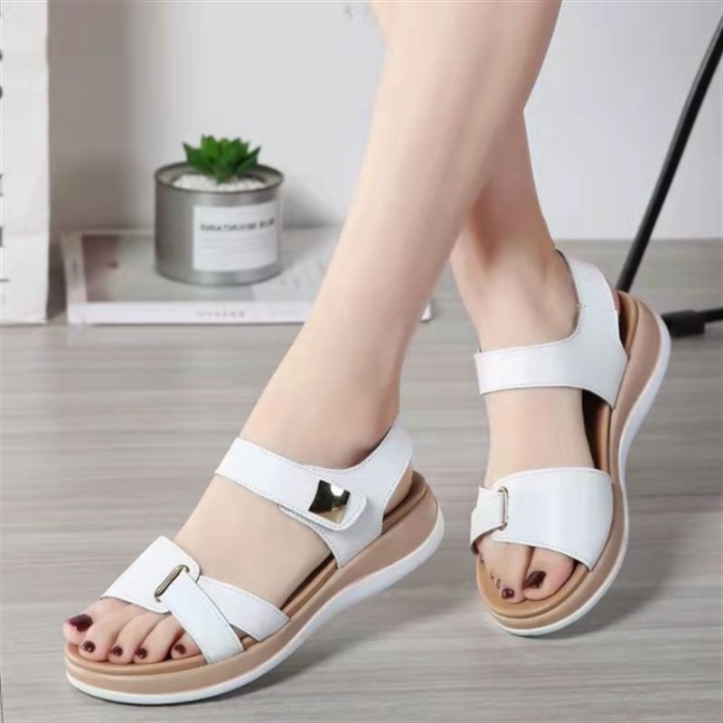 2022 Summer Fashion Women Ladies Mother Genuine Leather Shoes Sandals Flats Soft Hook Loop Korean Bling Summer Beach Size 35-40