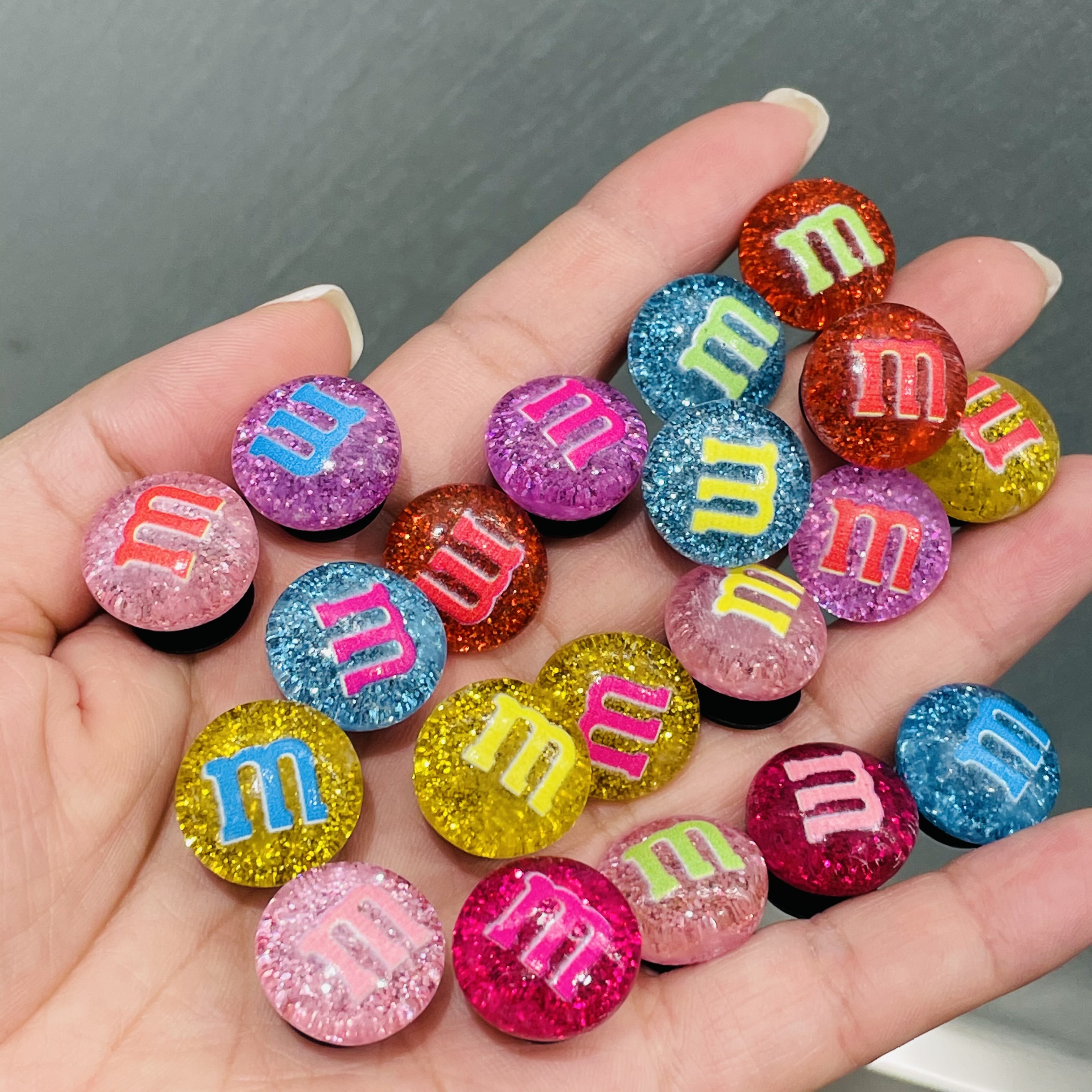 50pcs M&M Friends Beans Shiny Resin Shoe Accessories Garden Shoes Decorations for Croc Jibz Wristbands Buckle Kids X-mas Gift