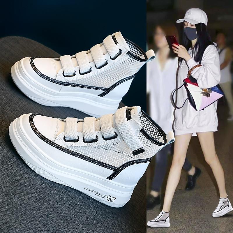 Increasing white shoes new summer women's breathable thick-soled mesh all-match casual sports high-heeled sports shoes