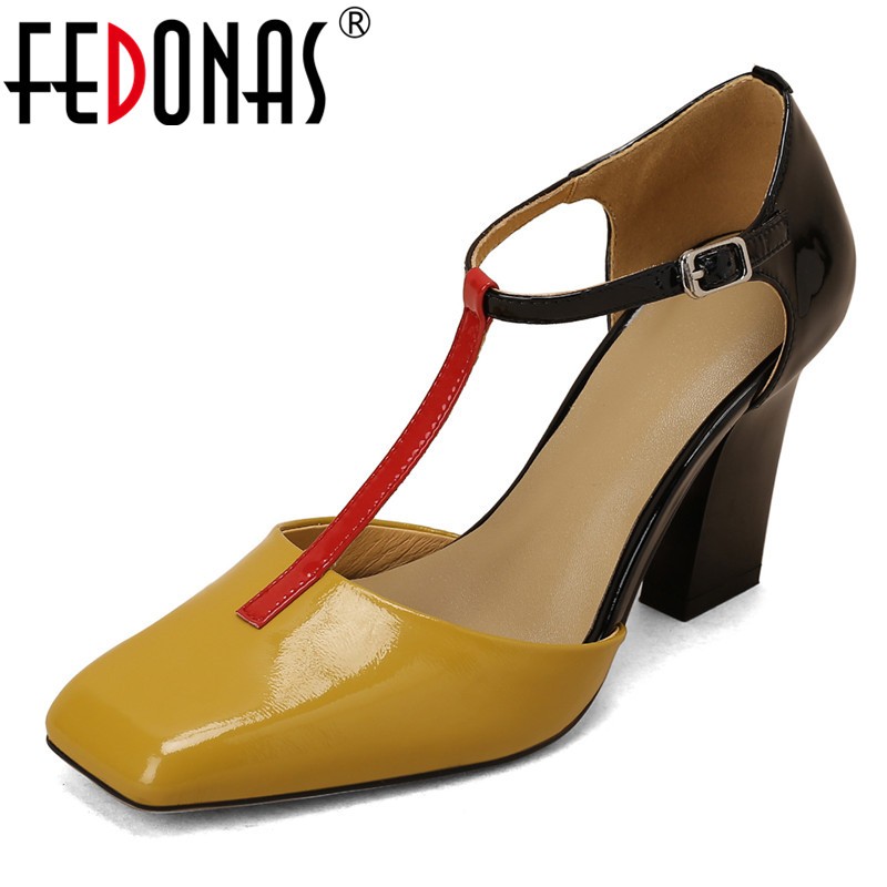 FEDONAS Women Pumps Spring Summer Fashion Mixed Colors T-strap Genuine Leather Square Toe High Heels Woman Party Office Shoes