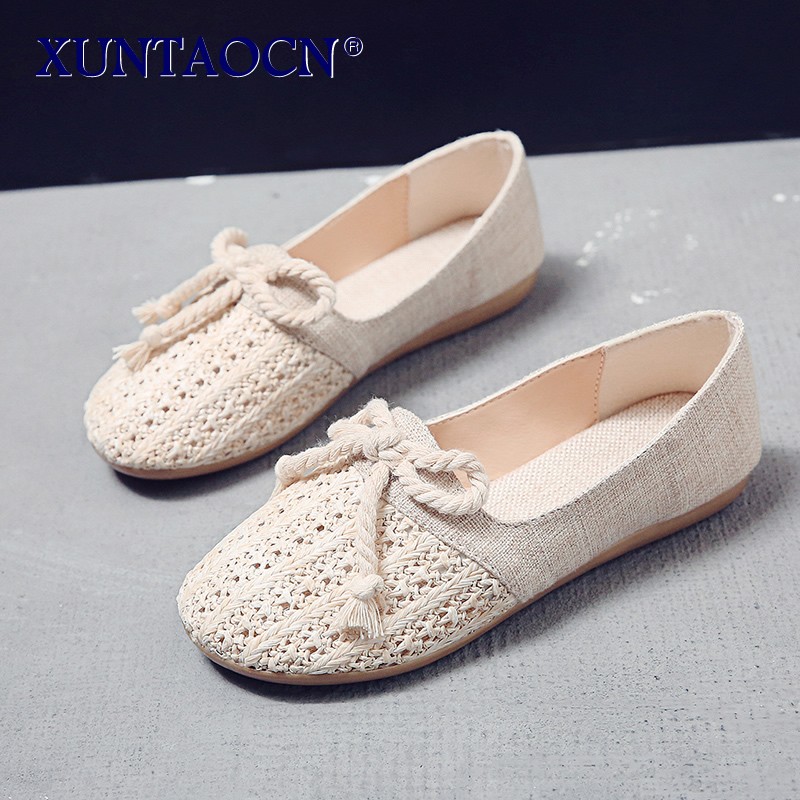 Spring Women Flats Hemp Slip On Flat Shoes Woman Canvas Loafers Bowtie Casual Shoes Comfortable Ladies Shoes zapatos mujer