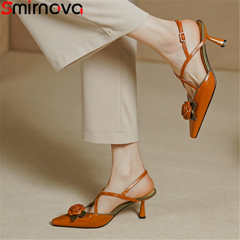 Smirnova 2022 New Flower Genuine Leather Women Sandals Pointed Toe Thin High Heels Shoes Sexy Ladies Summer Dress Shoes