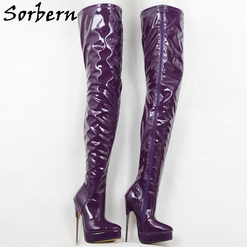 Sorbern Unisex Crotch Thigh High Boots 18cm Metal High Heel Long Boot Shoes Ladies Platform Spike Hard Walking Boot Pointy Toes