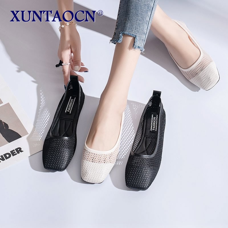 Ladies Dance Shallow Mouth Breathable Mesh Black Sandals Summer Fashion Women Transparent Soft Flat Dress Boat Shoes 35-40