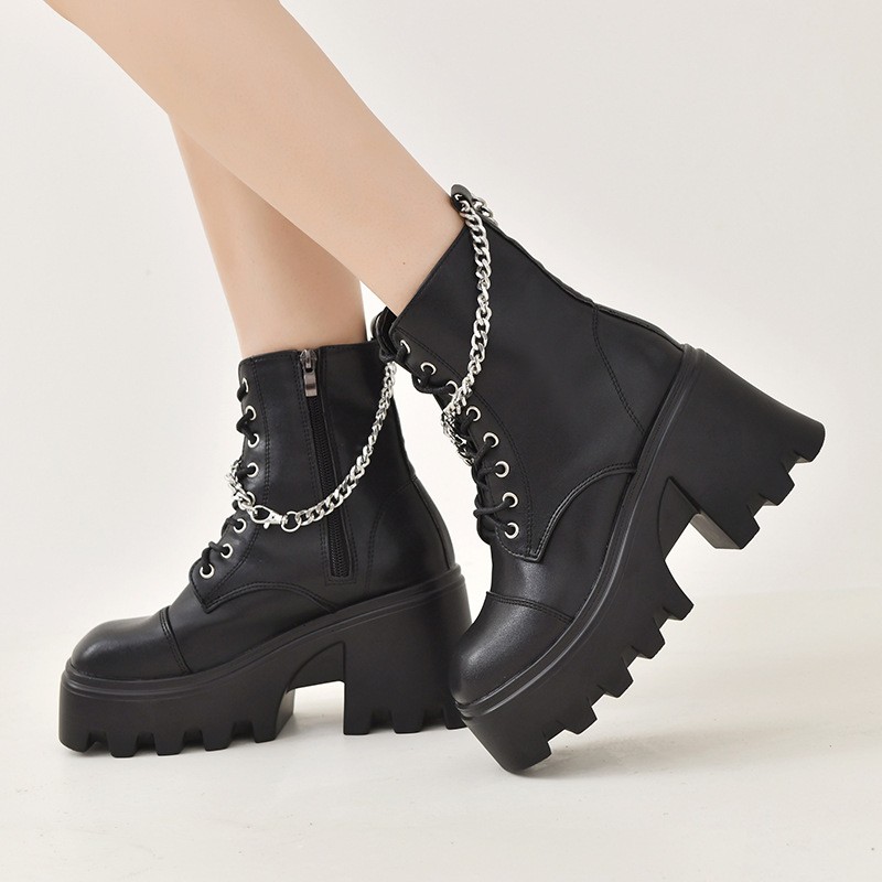 Black platform martin boots 2021 leather biker high boots women's wedge heel boots