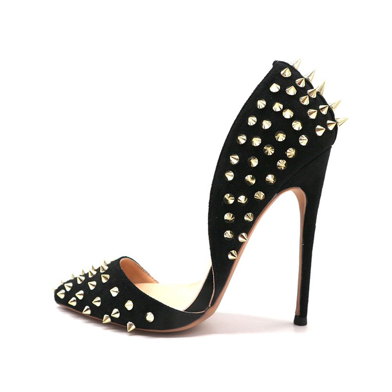 Black Flock Gold Rivets Rivets Women Flock Sexy D'Orsay Pointed Toe 12cm Pumps Stiletto Designer 10cm High Heel Shoes 8cm MD046