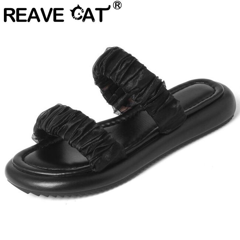 REAVE CAT 2022 Ladies Slippers Open Toe Thick Heels Satin Casual Rubber Sole EU Size 34-39 Solid White Black Concise Summer S3663