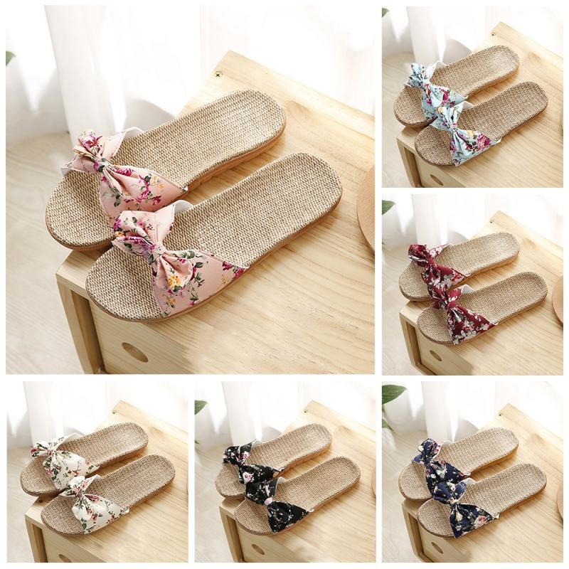 Women Summer Beach Slippers Female Breathable Floral Bow Linen Slippers Sandals Woman Non-slip Flats Female Flip Flop Fashion