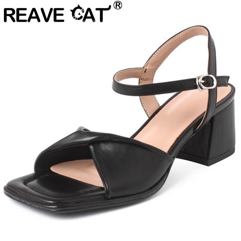 REAVE CAT Soft Comfortable Leather Women Sandals Square Toe Chunky Heels Pleated Buckle Strap 34-39 White Summer Elegant S3662